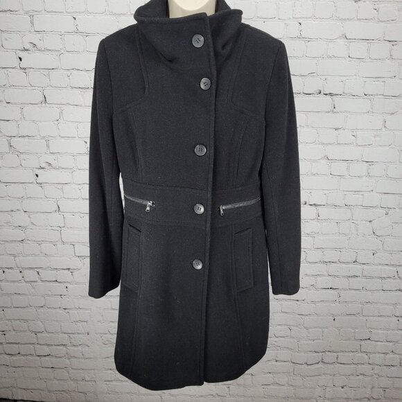 Marc New York Andrew Marc Black Wool Blend Buttoned Pockets Over Coat Size 10 - Picture 1 of 14